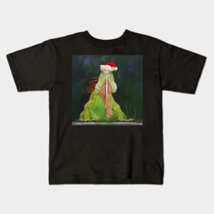 Green Iguana in Santa Hat Kids T-Shirt